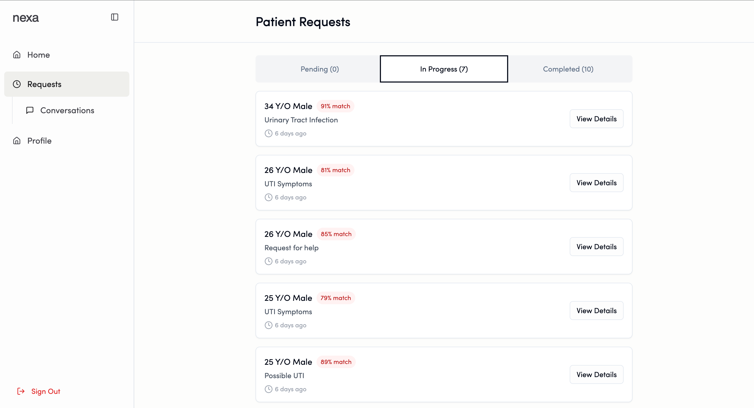 Nexalabs provider dashboard showing patient request management